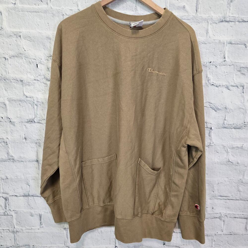 Champion Crewneck Sweatshirt top Sz L green sweater long sleeve pockets A10